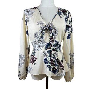 Gypsy Love Bohemian Floral Keyhole Blouse Medium Tie Front Bell Sleeve